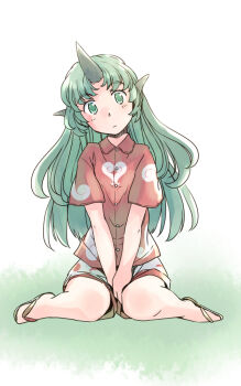 1girl between_legs blush buttons collared_shirt commentary_request curious full_body green_eyes green_hair hand_between_legs head_tilt horns knees komainu_ears komano_aunn long_hair looking_at_viewer rangycrow red_shirt sandals shirt short_sleeves shorts single_horn sitting solo touhou wariza white_background white_shorts