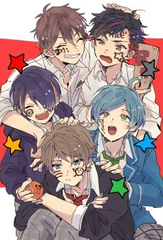 5boys ahoge arm_around_shoulder black_hair black_jacket blue_hair brown_hair closed_mouth commentary ensemble_stars! facial_mark grey_pants hagoita hair_between_eyes hair_over_one_eye hand_on_another's_head hand_on_another's_shoulder highres holding_orange jacket long_sleeves looking_at_another male_focus mitobinyo morisawa_chiaki multicolored_hair multiple_boys nagumo_tetora open_mouth paddle pants parted_bangs purple_hair ryuseitai_(ensemble_stars!) school_uniform sengoku_shinobu shinkai_kanata shirt short_hair star_(symbol) streaked_hair symbol-only_commentary takamine_midori white_shirt yumenosaki_school_uniform