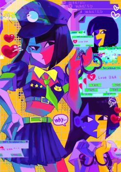 2girls belt black_eyes black_hair blue_skin blunt_bangs blunt_ends bob_cut bra colored_skin crop_top cuffs ena:_dream_bbq ena_(dream_bbq) ena_(ena) ena_(series) ena_(species) ena_(web_series) floating_head handcuffs happy_ena hat heart highres hourglass_dog in-franchise_crossover long_hair low_poly meanie_ena moony_(ena) multicolored_skin multiple_girls necktie open_mouth police police_hat police_uniform policewoman red_skin sad_ena shirt short_sleeves skirt smile speech_bubble split-color_skin suspenders two-tone_skin underwear usagimarumei yellow_skin