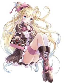 Rule 34 | 1girl, battle spirits, blonde hair, blue eyes, blue hair, boots, bow, bowtie, box, box of chocolates, brown boots, brown hat, closed mouth, commentary, commentary request, gradient hair, hair rings, hat, hat bow, haundo b, highres, holding, holding box, licking, licking finger, licking own finger, long hair, looking at viewer, multicolored hair, pink bow, pink bowtie, rei ooba, solo, thigh strap, tongue, tongue out, untranslatable commentary, very long hair, white background