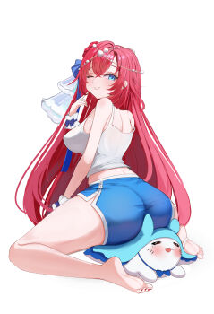 1girl ;d absurdres ass barefoot blue_eyes blue_ribbon blue_shorts breasts commentary english_commentary hair_ribbon highres long_hair median_furrow nail_polish one_eye_closed open_mouth phase_connect psypolo_d red_hair red_nails ribbon second-party_source shorts sinon_sinfonia sitting_on_animal smile tank_top toenail_polish toenails virtual_youtuber white_background white_tank_top