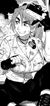 Rule 34 | battery, black pants, breasts, camera, cleavage, cross, fingerless gloves, gloves, highres, ireading, jewelry, large breasts, monochrome, necklace, pants, ponytail, shirt, smile, white shirt, wolfgangina getto, zombiepowder