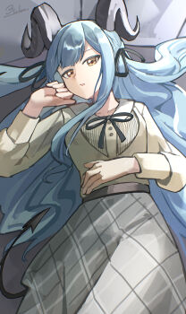 1girl absurdres arknights bang_dream! bang_dream!_it&#039;s_mygo!!!!! black_ribbon blue_hair commentary grey_skirt hair_ribbon highres horns long_hair looking_at_viewer neck_ribbon open_mouth ribbon shirt sidelocks skirt solo tail togawa_sakiko togawa_sakiko_(master_of_melodia) white_shirt yagi000 yellow_eyes