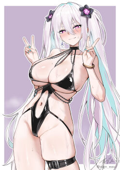 1girl aqua_pupils azur_lane between_breasts black_one-piece_swimsuit breast_strap breasts cameltoe cleavage clothing_cutout commentary_request commission cosplay double_v flower frontal_wedgie hair_flower hair_ornament heart heart-shaped_pupils highres kearsarge_(azur_lane) large_breasts long_hair looking_at_viewer mogador_(azur_lane) mogador_(azur_lane)_(cosplay) mogador_(locker_room_lechery)_(azur_lane) navel navel_cutout official_alternate_costume one-piece_swimsuit oregano_(olgn_eao) partially_visible_vulva pixiv_commission purple_eyes pussy pussy_peek sideless_swimsuit smile solo standing swimsuit symbol-shaped_pupils thigh_strap twintails untied_swimsuit v wedgie white_hair