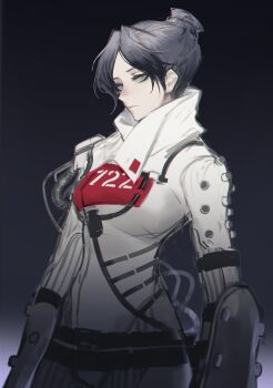 1girl absurdres apex_legends black_hair bodysuit breasts closed_mouth commentary green_eyes hair_bun highres looking_at_viewer medium_breasts quarantine_722_wraith rhine_(overtonerhine) short_hair solo white_bodysuit wraith_(apex_legends)