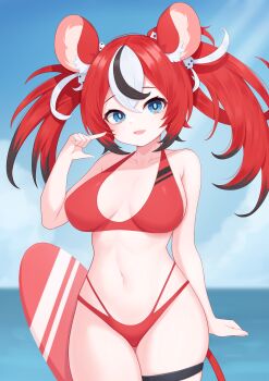 1girl absurdres animal_ear_fluff animal_ears arm_at_side armpit_crease bare_arms bare_shoulders bikini black_hair black_streaks blue_eyes blue_sky breasts cloud commentary day dice_hair_ornament double-parted_bangs english_commentary fang hair_between_eyes hair_ornament hakos_baelz halterneck hand_up highres hololive hololive_english horizon large_breasts light_blush light_rays looking_at_viewer mouse_ears mouse_girl mouse_tail multi-strapped_bikini_bottom multicolored_hair navel ocean open_mouth outdoors paid_reward_available pointing pointing_at_self red_bikini red_hair sky smile solo stomach streaked_hair sunbeam sunlight surfboard swimsuit tail thigh_gap thigh_strap tsubame_tien twintails variant_set virtual_youtuber water white_hair