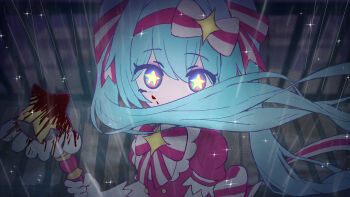 1girl blood blue_hair bow bowtie dress from_above gloves hair_bow hairband hatsune_miku highres holding holding_wand ima_sugu_rinne_(vocaloid) kareusagi long_hair looking_at_viewer magical_girl pink_bow pink_dress pink_hairband puffy_sleeves rain rooftop short_sleeves solo star-shaped_pupils star_(symbol) symbol-shaped_pupils twintails very_long_hair vocaloid wand white_gloves