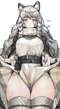 1girl absurdres animal_ear_fluff animal_ears arknights belt belt_pouch between_legs black_capelet blush braid breasts capelet clothes_lift commentary_request covered_erect_nipples cowboy_shot dated_commentary doodle_punch dress dress_lift from_below grey_eyes grey_thighhighs highres korean_text large_breasts lifting_own_clothes long_hair long_sleeves looking_at_viewer looking_down mole mole_on_thigh no_panties parted_lips pouch pramanix_(arknights) silver_hair snow_leopard_ears solo sweat thighhighs thighs turtleneck turtleneck_dress twin_braids very_long_hair white_dress wristband