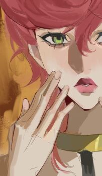 1girl chinese_commentary commentary_request gold_choker green_eyes hair_between_eyes hand_on_own_cheek hand_on_own_face highres jojo_no_kimyou_na_bouken lips looking_at_viewer medium_hair orange_background parted_lips portrait red_hair red_lips sketch solo trish_una zero_(wangmeilin)