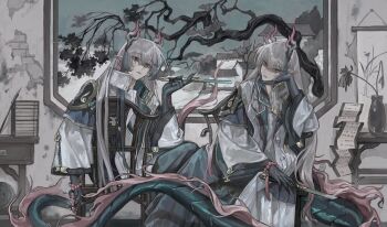 2boys arknights bare_tree blue_hands blue_pants building chair clone coat colored_extremities commentary dragon_boy dragon_horns dragon_tail earrings feet_out_of_frame hashtag-only_commentary head_rest highres holding holding_smoking_pipe horns indoors jewelry kiseru looking_at_viewer male_focus multiple_boys pants parted_lips red_eyes sitting sitting_backwards smoking_pipe table tail tree vase white_coat yi_(arknights) zizhisan