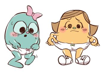 2girls barefoot black_eyes blue_skin blush bow bow_panties brown_hair colored_skin creature crotch_seam embarrassed glasses green_bow hair_bow k-nattoh little_miss_calamity little_miss_whoops loli long_hair looking_down mr._men_&amp;_little_miss multiple_girls open_mouth orange_skin panties pink_bow pink_panties shoes sneakers standing sweat topless_female trying_on_clothes underwear white_background white_shoes