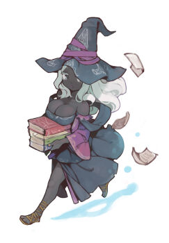 Rule 34 | 1girl, ankle lace-up, ataruman, bare shoulders, black dress, black hat, black skin, blue eyes, book, book stack, breast rest, breasts, carried breast rest, carrying, cleavage, colored skin, commentary, dress, elden ring, elden ring nightreign, full body, hat, hat ribbon, highres, holding, holding book, large breasts, long hair, long sleeves, looking at viewer, nail polish, off-shoulder dress, off shoulder, open mouth, orange nails, paper, purple ribbon, recluse (elden ring), ribbon, running, simple background, solo, white background, white hair, wide sleeves, witch hat