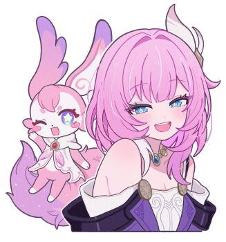 1girl bare_shoulders blue_eyes breasts cleavage coat commentary_request cyrene_(honkai:_star_rail) cyrene_(philia093)_(honkai:_star_rail) dress hair_ornament highres honkai:_star_rail honkai_(series) jewelry looking_at_viewer medium_hair mem_(honkai:_star_rail) multicolored_hair necklace omuyan pink_hair purple_coat simple_background small_breasts star-shaped_pupils star_(symbol) symbol-shaped_pupils tail two-tone_hair upper_body white_background white_dress white_hair