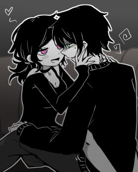 1boy 1girl :d absurdres andrew_graves ashley_graves bare_shoulders bra_strap breasts bright_pupils brother_and_sister choker cleavage clenched_teeth commentary couch eye_contact face-to-face feet_out_of_frame fingernails from_behind girl_on_top green_eyes grey_background greyscale hair_between_eyes hair_tie hand_on_another&#039;s_cheek hand_on_another&#039;s_face hand_on_another&#039;s_neck highres jitome long_sleeves looking_at_another low_ponytail medium_hair migimiya_yoru monochrome off-shoulder_shirt off_shoulder on_couch open_mouth outline pants pink_eyes ponytail profile puffy_long_sleeves puffy_sleeves shaded_face shirt short_hair siblings simple_background sitting sitting_on_lap sitting_on_person sleeves_past_wrists small_breasts smile spot_color sweatdrop sweater symbol-only_commentary teeth the_coffin_of_andy_and_leyley tongue turn_pale white_outline