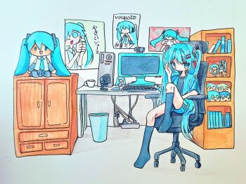 1girl aqua_hair black_socks blue_shorts book bookshelf cable chair character_doll computer cup desk doll figure hair_ornament hand_up hatsune_miku highres indoors knee_up long_hair long_sleeves microphone monitor no_shoes office_chair on_chair poster_(object) short_shorts short_sleeves shorts sitting sn_(sn_utu00) socks swivel_chair traditional_media trash_can twintails very_long_hair vocaloid
