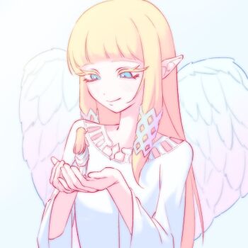 Rule 34 | 00bbb lz, 2girls, blue eyes, blunt bangs, breasts, closed mouth, colored eyelashes, dress, dual persona, feathered wings, hair ribbon, in palm, light blush, long hair, medium breasts, multiple girls, nintendo, pointy ears, princess zelda, ribbon, sidelocks, smile, solo, the legend of zelda, the legend of zelda: breath of the wild, the legend of zelda: skyward sword, upper body, white dress, white ribbon, white wings, wide sleeves, wings