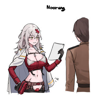 1boy 1girl accidental_exposure bandeau black_gloves breasts brown_hair chaps chest_strap cleavage clothing_cutout coat coat_on_shoulders commander_(nikke) cropped_jacket dog_tags gloves goddess_of_victory:_nikke grey_hair hair_between_eyes hair_ornament hairclip highres jacket large_breasts long_hair messy_hair military_jacket military_uniform navel_cutout noorung red_bandeau red_jacket scar scar_on_hip scar_on_stomach sharp_teeth stomach_cutout strap_break teeth wardrobe_malfunction white_coat yellow_eyes yulha_(nikke)