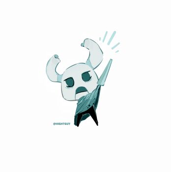 1boy artist_name bags_under_eyes black_eyes chinese_commentary commentary_request film_grain frown full_body grey_cloak halftone highres hightguy hollow_knight horns looking_at_viewer nail_(hollow_knight) notice_lines open_mouth simple_background solo standing weapon white_background zote