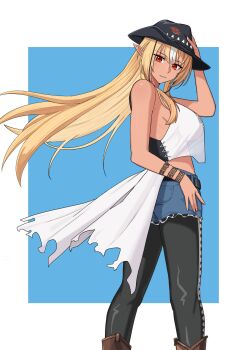 1girl adjusting_clothes adjusting_headwear black_hat blonde_hair boots border breasts cosplay cowboy_shot cutoffs elf from_side hat highres hololive kuon_bb large_breasts layered_clothes leather leather_boots long_hair looking_at_viewer midriff pointy_ears red_eyes see-through_clothes see-through_shirt shiranui_flare shirt sideboob solo tezcatlipoca_(fate) tezcatlipoca_(wild_gunman)_(fate) tezcatlipoca_(wild_gunman)_(fate)_(cosplay) torn_clothes virtual_youtuber white_border