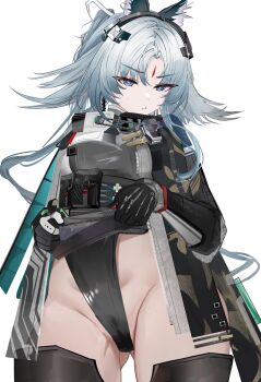 1girl absurdres animal_ears arcane_(arknights) arknights arknights:_endfield black_gloves black_jacket black_leotard blue_eyes cameltoe commentary_request facial_mark forehead_mark gloves gradient_hair grey_hair grey_shirt groin hair_flaps head_wings highres jacket leotard lifting_own_clothes mikuning multicolored_hair open_clothes open_jacket out-of-frame_censoring shirt simple_background solo white_background wings
