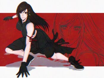 1girl apron arm_ribbon arm_support bare_shoulders black_apron black_gloves black_hair black_shorts black_vest breasts closed_mouth commentary crop_top earrings fighting_stance final_fantasy final_fantasy_vii final_fantasy_vii_advent_children full_body gloves hand_on_ground jewelry large_breasts long_hair looking_at_viewer lux_spei red_eyes red_ribbon ribbon shorts single_earring solo tifa_lockhart vest waist_apron
