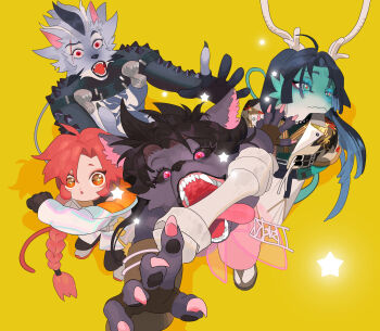 4boys absurdres animal_ears black_sclera bone braid claws colored_sclera commentary dislyte dog_boy dog_ears doodleforcloud dragon_boy dragon_horns fangs feng_xun_(fuxi)_(dislyte) furry furry_male green_eyes highres horns li_ling_(nezha)_(dislyte) looking_at_another looking_at_viewer looking_to_the_side male_focus monkey_tail multiple_boys open_mouth orange_eyes pawpads pink_eyes red_eyes scar scar_across_eyebrow scar_on_face star_(symbol) tail tang_xuan_(sun_wukong)_(dislyte) wavy_mouth yellow_background yun_chuan_(yang_jian)_(dislyte)