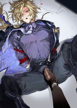 !? 1boy 1other absurdres arm_out_of_sleeve arms_behind_back bicep_strap black_jacket black_pants blonde_hair blue_necktie bound bound_arms brown_shoes fangs hackmemme hair_over_one_eye highres hugo_vlad jacket lapel_pin long_hair lying mole mole_under_eye necktie on_back open_mouth pants pointy_ears purple_shirt red_eyes restrained shirt shoes sleeves_rolled_up stepped_on steppee_focus sweat trampling zenless_zone_zero