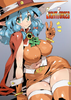 1girl blue_hair breasts cape closed_mouth commentary_request covered_erect_nipples eight_forces gloves green_eyes grey_background hat highres jewelry large_breasts long_hair looking_at_viewer midriff navel orange_gloves orange_skirt orange_thighhighs panties pointy_ears puchidori red_cape simple_background skirt smile solo thighhighs underwear v white_panties witch_hat