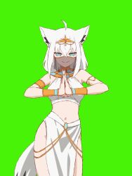 1girl ancient_egyptian_clothes animal_ears animated aqua_eyes bare_shoulders breasts center_opening closed_eyes closed_mouth cowboy_shot dancing egyptian_trend_(meme) fox_girl green_background highres hololive hyde_(tabakko) looking_at_viewer medium_breasts mouth_veil navel pelvic_curtain shirakami_fubuki smirk tagme veil video virtual_youtuber white_hair