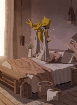 Rule 34 | abra, absurdres, basket, bed, blanket, closed eyes, curtains, floating, gen 1 pokemon, hanging light, highres, hyogonosuke, indoors, nintendo, no humans, plant, pokemon, pokemon (creature), rug, solo, vase, window