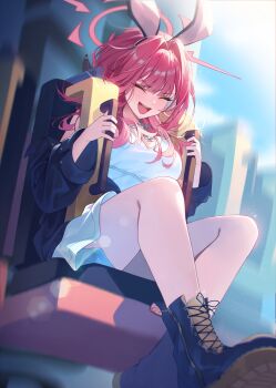 1girl absurdres animal_ear_hairband animal_ears ankle_boots aru_(blue_archive) bare_legs black_boots black_jacket blue_archive blush boots closed_eyes commentary demon_horns dress drop_tower fake_animal_ears hair_intakes hairband halo highres horns jacket jewelry jw_(wrdawrda) necklace pink_hair rabbit_ear_hairband rabbit_ears smile solo symbol-only_commentary white_dress