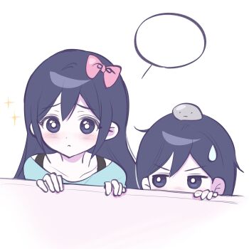 1boy 1girl aubrey_(headspace)_(omori) aubrey_(omori) blank_speech_bubble blush bow bra_strap bright_pupils closed_mouth collarbone colored_skin commentary_request double-parted_bangs hair_between_eyes hair_bow hector_(omori) highres kel_(headspace)_(omori) kel_(omori) korean_commentary long_hair looking_at_another looking_at_viewer omori pet_rock pink_bow purple_eyes purple_hair short_hair sidelocks simple_background sparkle speech_bubble sweatdrop white_background white_pupils white_skin wktdms1