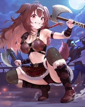 1girl alternate_costume animal_ears armband armor axe battle_axe belt bikini_armor bone_hair_ornament boots breastplate brown_boots brown_hair crop_top dog_ears dog_tail fighting_stance full_moon fur-trimmed_boots fur-trimmed_skirt fur_trim gauntlets hair_ornament holding holding_axe holding_weapon hololive inugami_korone inugami_korone_(viking) maro2ki3 messy_hair moon pauldrons shorts shorts_under_skirt shoulder_armor single_pauldron skirt solo tail thighhighs viking virtual_youtuber warrior weapon wrist_guards
