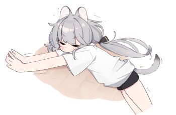 1girl animal_ears black_shorts cat_ears cat_girl cat_tail closed_eyes cropped_legs grey_hair long_hair original riya_(01214) shirt short_sleeves shorts solo stretching tail white_background white_shirt wooden_floor