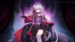 Rule 34 | 1girl, aura, bad source, black choker, black gloves, black pantyhose, bright pupils, choker, cross, crossed legs, dark aura, dark background, gloves, hair ornament, highres, holding, holding string, honkai (series), honkai impact 3rd, jacket, long hair, long sleeves, naughty face, official art, official wallpaper, pantyhose, purple eyes, purple ribbon, red jacket, ribbon, ribbon hair ornament, second-party source, smile, solo, string, string in mouth, thelema (honkai impact), very long hair, white hair, white pupils