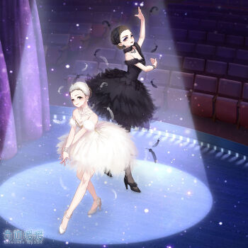2girls ballerina ballet bird black_hair black_swan_(movie) black_vs_white brown_eyes brown_hair dress highres indoors makeup miracle_nikki multiple_girls nikki_(series) pantyhose roomscape stage swan swan_lake tutu white_swan