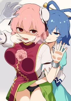 2girls absurdres against_glass aqua_dress bandaged_arm bandages blue_eyes blue_hair breast_press breasts breasts_on_glass closed_mouth collarbone commentary_request double_bun dress drill_hair drill_sidelocks finger_in_another's_mouth green_skirt grey_background hair_between_eyes hair_bun highres ibaraki_kasen kaku_seiga kapuri_(capuriwa) looking_at_another looking_at_viewer lower_teeth_only medium_breasts medium_hair molestation multiple_girls open_mouth pink_hair pink_tabard red_eyes saliva shirt sidelocks skirt smile steam sweatdrop tabard teeth touhou twitter_username white_shirt