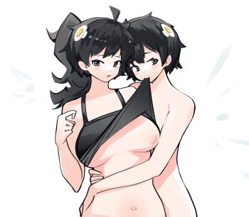 2girls araragi_karen araragi_tsukihi baisebandaoti1 bakemonogatari bare_shoulders black_hair black_shirt breasts cleavage egg_hair_ornament food-themed_hair_ornament hair_ornament incest monogatari_(series) mouth_hold multiple_girls navel nipples nisemonogatari pale_skin ponytail shirt short_hair siblings sisters strap undressing
