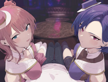 2girls absurdres black_pants blue_eyes breasts closed_mouth hat highres hiiragi_yuuichi idol_clothes looking_at_viewer mini_hat multiple_girls open_mouth original pants pink_eyes pink_hair pink_hat pov purple_hair purple_hat shirt table thighhighs white_shirt white_thighhighs