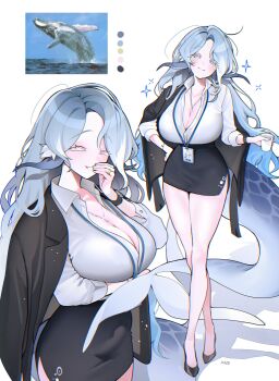 1girl absurdres artist_name black_skirt blue_eyes blue_hair breasts cetacean_tail cleavage collared_shirt cup fins fish_tail haze_(7h4ze) high_heels highres holding holding_cup huge_breasts jacket jacket_on_shoulders jewelry lanyard looking_at_viewer necklace office_lady original pencil_skirt photo_inset ring shirt skirt tail whale whale_girl white_background white_shirt