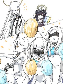 Rule 34 | 5girls, alternate costume, bandaged arm, bandages, bare shoulders, blue archive, blush, bow, cheerleader, colored skin, commentary request, cosplay, ein (blue archive), extra eyes, eye mask, headphones, hibiki (blue archive), highres, long hair, malkuth (blue archive), mask, millennium cheerleader outfit (blue archive), mouth mask, multiple girls, navel, ohr (blue archive), pom pom (cheerleading), short hair, simple background, sof (blue archive), sparkle, symbol-shaped pupils, tachikaze miyako, thumbs up, white hair, white skin