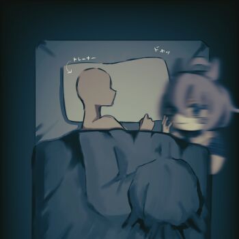 Rule 34 | 1girl, 1other, agnes tachyon (umamusume), ahoge, animal ears, arrow (symbol), bed, brown hair, character doll, commentary request, doll, doqute stuffed doll, highres, horse ears, lying, motion blur, on side, pillow, teru (t nano), translation request, umamusume, under covers