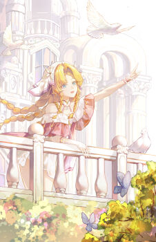 1girl absurdres against_railing bare_shoulders bird blue_butterfly blue_eyes braid braided_sidelocks bug butterfly chinese_commentary commentary_request highres insect jacket long_hair multiple_braids open_mouth orange_hair outdoors qingxi_emoji railing sidelocks sigrika_(wuthering_waves) smile solo veil white_bird white_jacket white_veil wuthering_waves