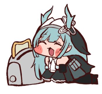 1girl arknights arknights:_endfield ascot bare_shoulders black_boots black_dress black_veil blue_hair blue_horns boots commentary_request detached_sleeves dress horns long_hair machinery_tomoko_(barzam154) meme open_mouth simple_background smile solo speakiposting_(meme) toaster veil white_ascot white_background xaihi_(arknights)