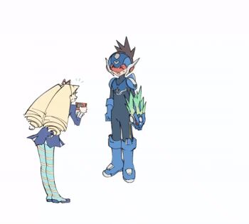 Rule 34 | 1girl, 2boys, animated, animated gif, bad id, bad twitter id, blonde hair, blue bodysuit, blue dress, blue pantyhose, bodysuit, brown hair, closed eyes, dress, drill hair, geo stelar (mega man), heart, kukakooo, looping animation, luna platz (mega man), mega man (series), mega man star force (series), multiple boys, omega-xis (mega man), pantyhose, star force mega man, striped clothes, striped pantyhose, sweatdrop, twin drills