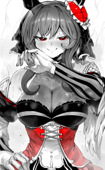 1girl absurdres bare_shoulders blush braid braided_hair_rings breasts commentary_request corset dress ear_covers ear_ornament gentildonna_(regina_dei_fiori)_(umamusume) gentildonna_(umamusume) gloves hair_rings hand_on_own_hip highres large_breasts limited_palette long_sleeves looking_at_viewer medium_hair niwarhythm red_eyes see-through_cleavage see-through_clothes sidelocks simple_background smile solo sweat umamusume upper_body white_background white_gloves wiping_sweat