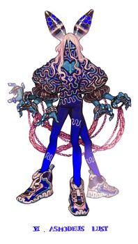 blue_eyes blue_pants blue_skin cleavage_cutout clothing_cutout colored_skin extra_legs hair_between_eyes heart_cutout highres horns long_hair looking_at_viewer monster original pants pigeon666 pink_hair seven_deadly_sins simple_background solo third_eye white_background