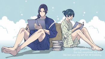 Rule 34 | 1boy, 1girl, barefoot, blue background, blue shirt, blue shorts, blunt bangs, book, book stack, commentary request, dated, full body, green hair, hair over shoulder, highres, holding, holding book, jinshi (kusuriya no hitorigoto), kusuriya no hitorigoto, long hair, low-tied long hair, maomao (kusuriya no hitorigoto), parted bangs, print shirt, print shorts, purple hair, reading, shirt, shorts, sitting, sweatdrop, takehide, twitter username, updo