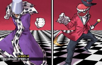 animal_print black_hat black_pants bucket bucket_hat caine_(the_amazing_digital_circus) cane checkered_floor clenched_hand clenched_hands coat fighting_stance fur-trimmed_coat fur_trim gloves hat holding holding_cane jujutsu_kaisen kinger_(the_amazing_digital_circus) loyal_cloud pants strongest_sorcerer_in_history_vs_strongest_sorcerer_of_today the_amazing_digital_circus top_hat tuxedo white_gloves