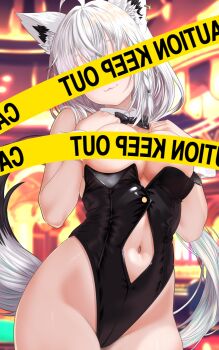 1girl absurdres bare_shoulders black_hair blurry blurry_background blush bow bowtie breasts caution_tape clothing_cutout commentary covering_breasts covering_face covering_privates detached_sleeves english_commentary grey_hair highres hololive indoors keep_out large_breasts long_hair medium_breasts nanaki24 navel navel_cutout playboy_bunny shirakami_fubuki smile solo stomach thighs traditional_bowtie virtual_youtuber white_hair